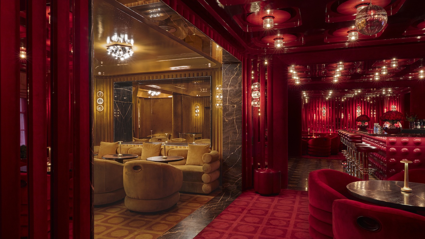 interior shot of red decor, upstairs at langans brasserie