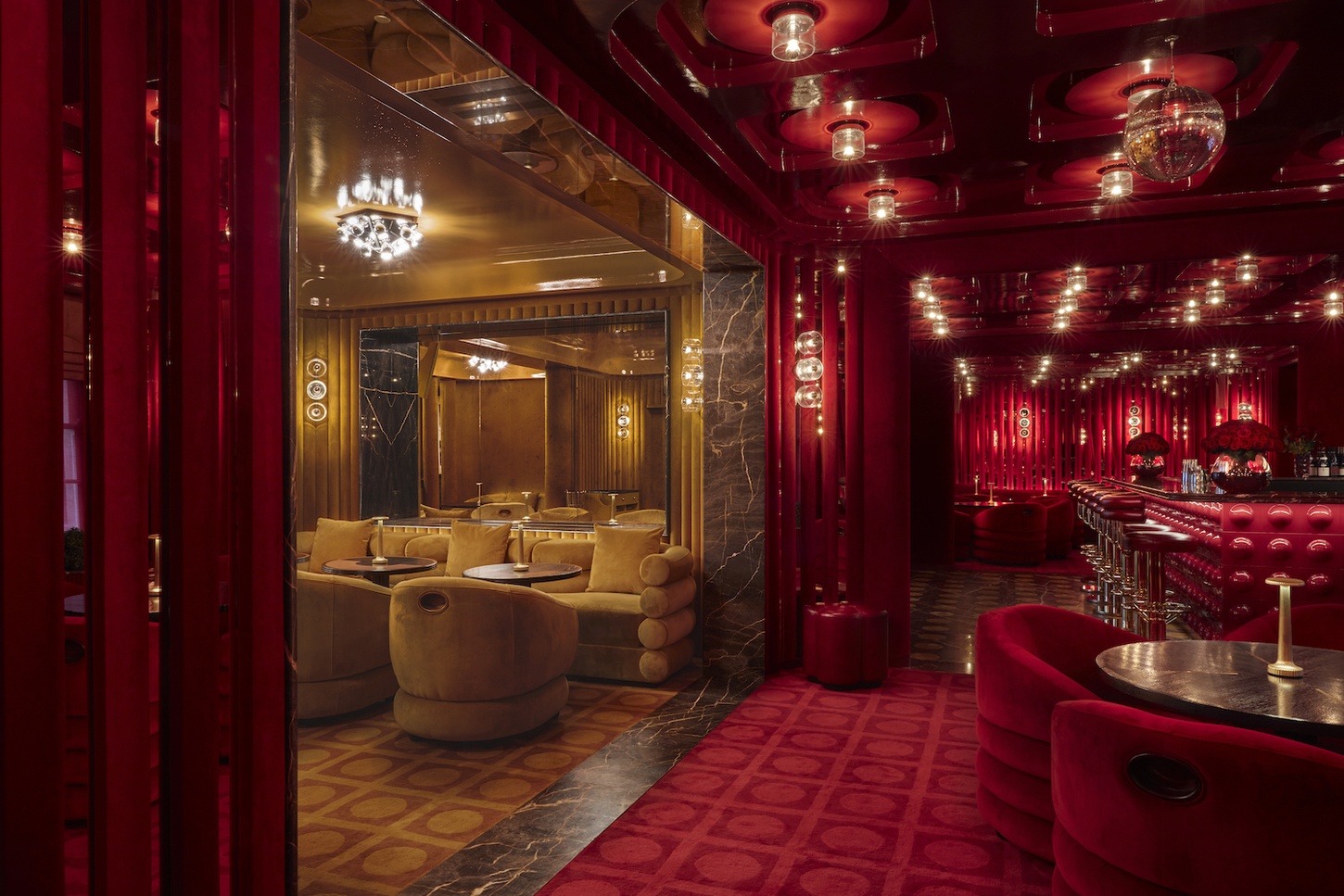 interior shot of red decor, upstairs at langans brasserie